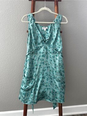 Vintage Betsey Johnson Y2K 100% Silk Teal Floral Tie Front Pocket Mini Dress 8